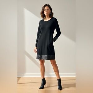 Theory Black Long Sleeve Dress with Vegan Leather Trim | Size L